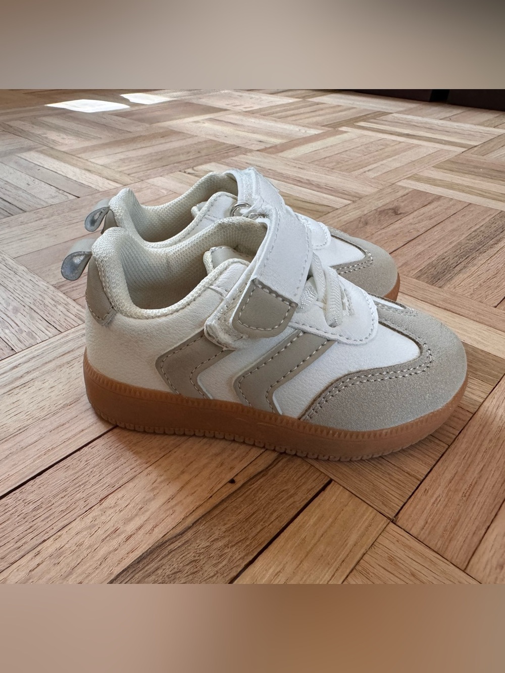Children's White and Tan Velcro Athletic Sneakers